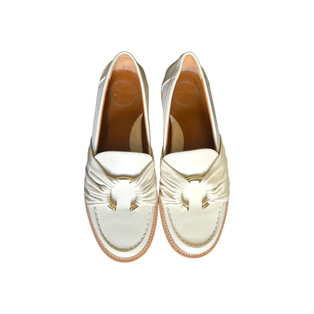 Chloe C Monogram Embellished Italian Leather Cream Flat Loafers